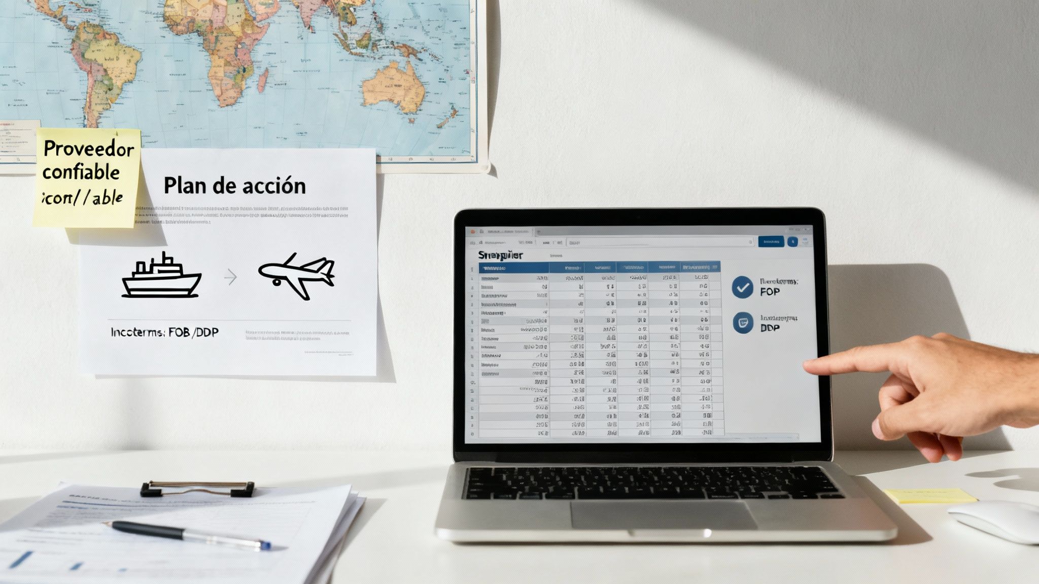 Hombre analizando plan de acción de importación en laptop con mapa mundial y documentos de Incoterms.