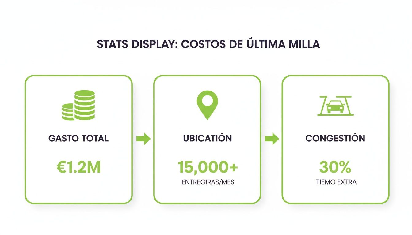 Infografía de costos de última milla mostrando gasto total de €1.2M, más de 15,000 entregas y 30% de tiempo extra.