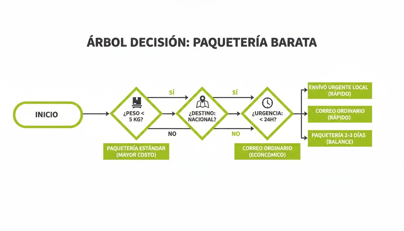 Diagrama de flujo que guía la elección de la paquetería más barata según el peso, destino y urgencia del envío.