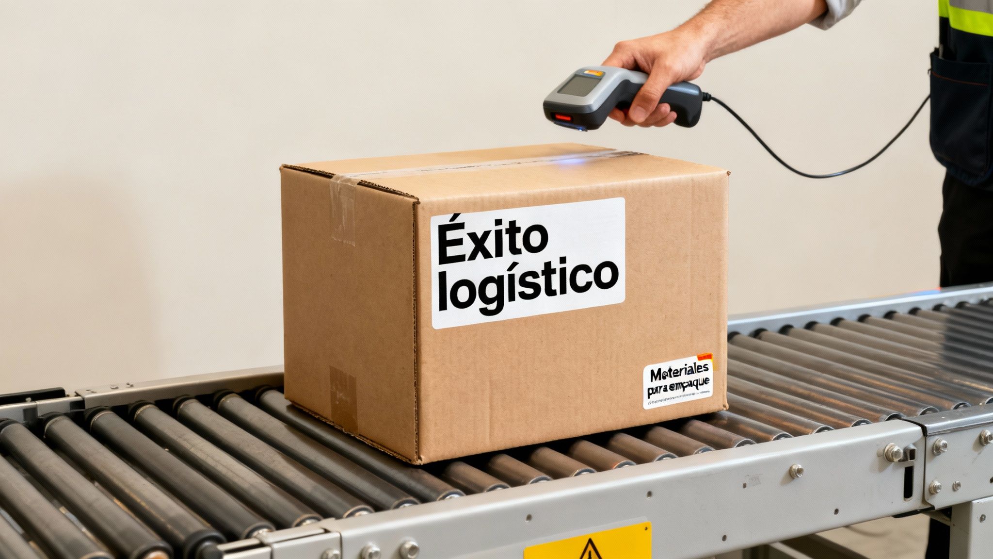 Mano escaneando caja en cinta transportadora con etiqueta 'Éxito logístico'. Proceso de envío eficiente.