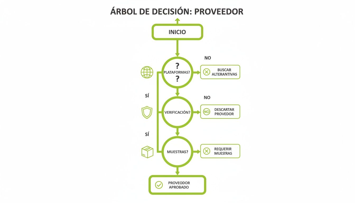 Diagrama de flujo de decisión para la aprobación de un proveedor, cubriendo plataformas, verificación y muestras.