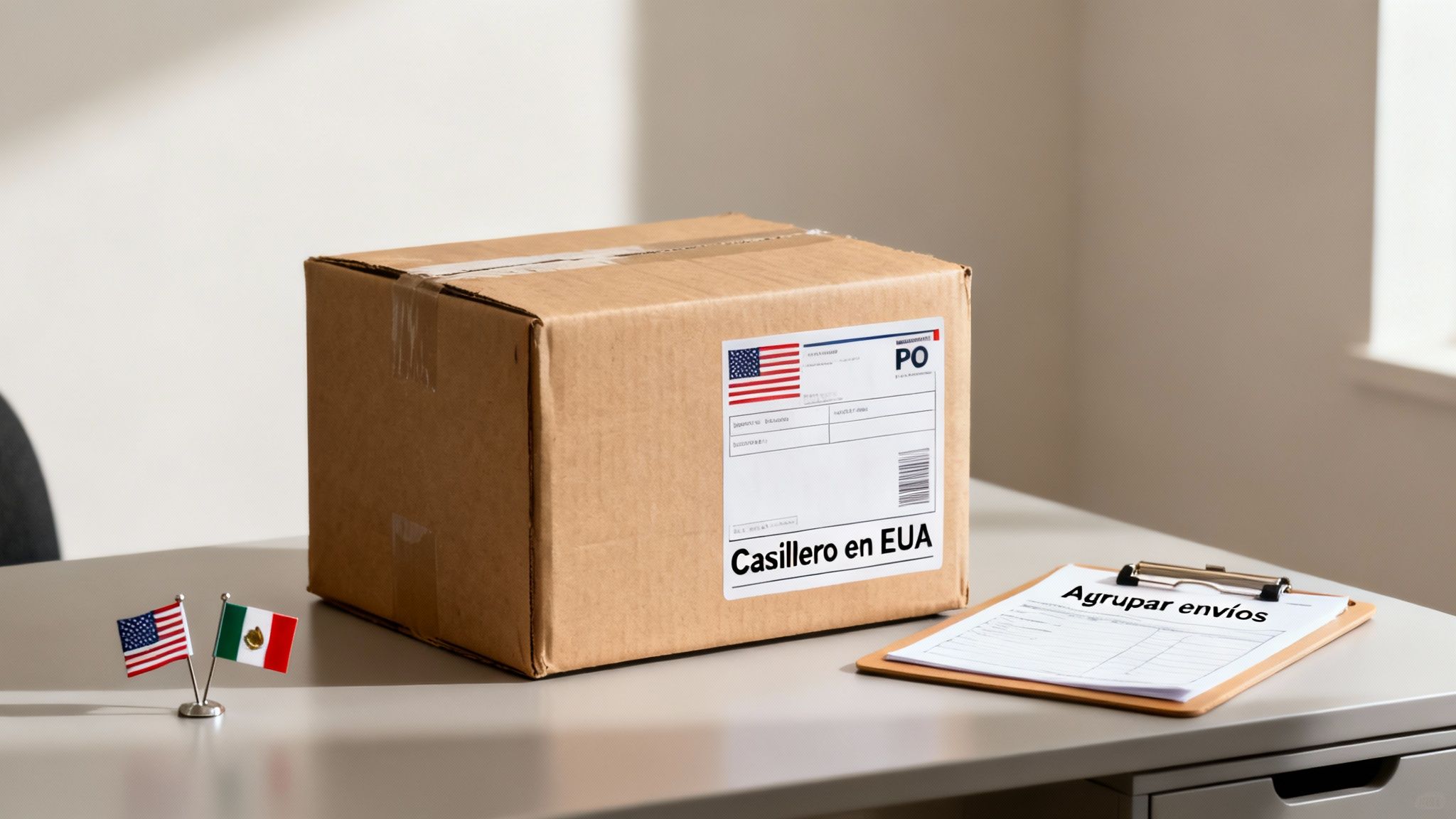 Una caja de cartón con etiqueta de envío a EE. UU., banderas de México y EE. UU. y un portapapeles con 'Agrupar envíos' en un escritorio.