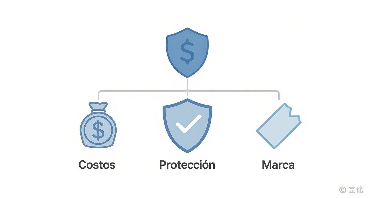 Diagrama jerárquico que ilustra los costos, la protección y la marca como elementos clave de un servicio financiero.