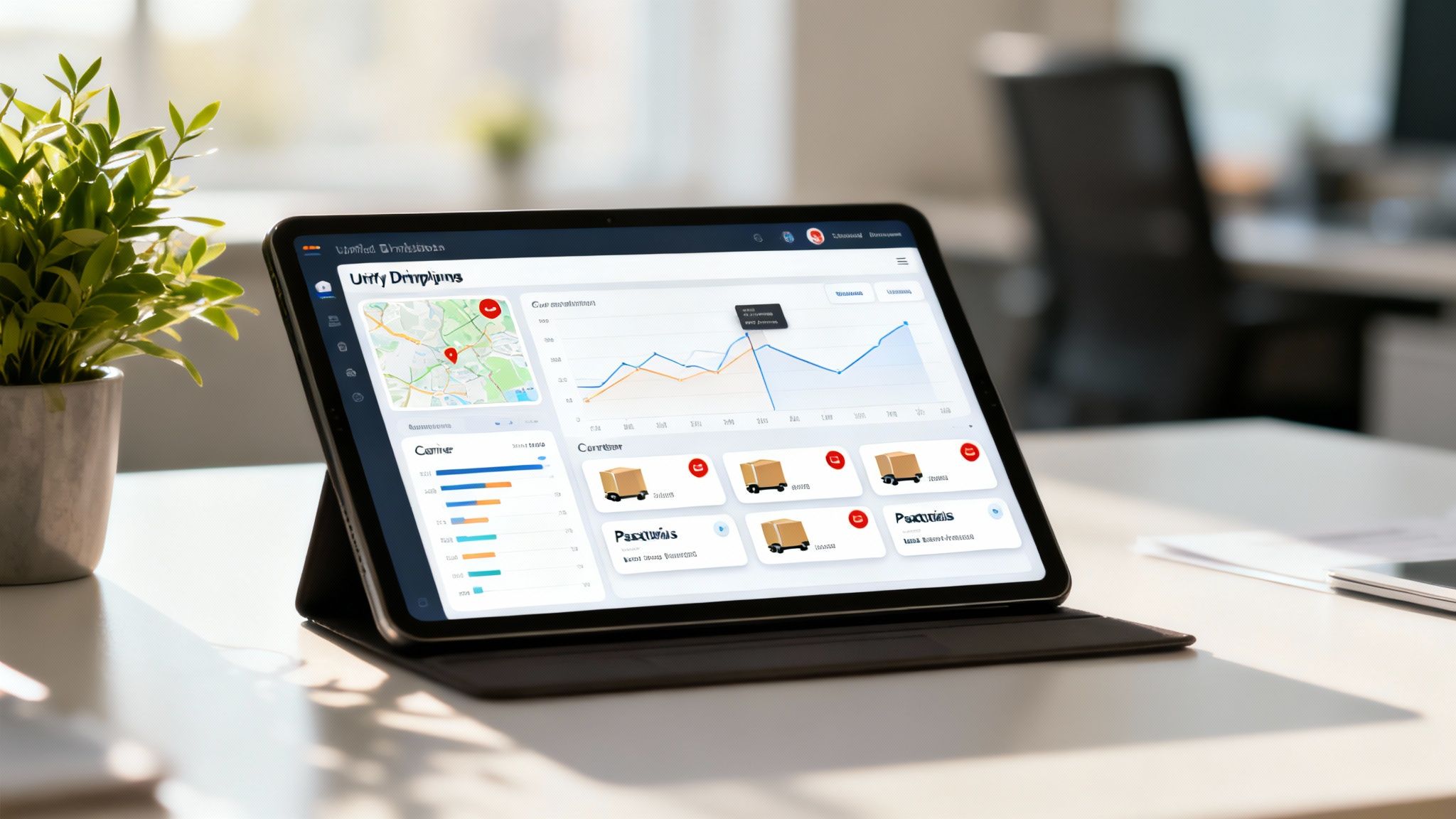 Tablet mostrando un panel de control de logística con mapa de entregas, gráficos y seguimiento de paquetes en una oficina.