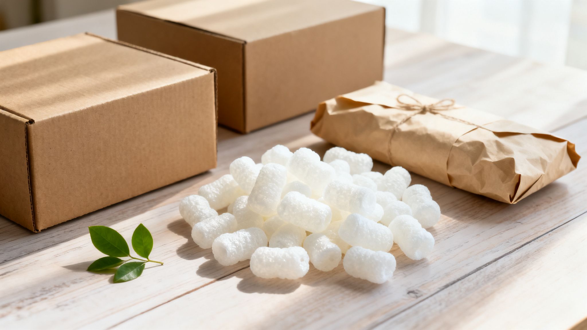Cajas de cartón, un paquete envuelto y cacahuetes de embalaje blancos sobre una mesa de madera. Una hoja verde.