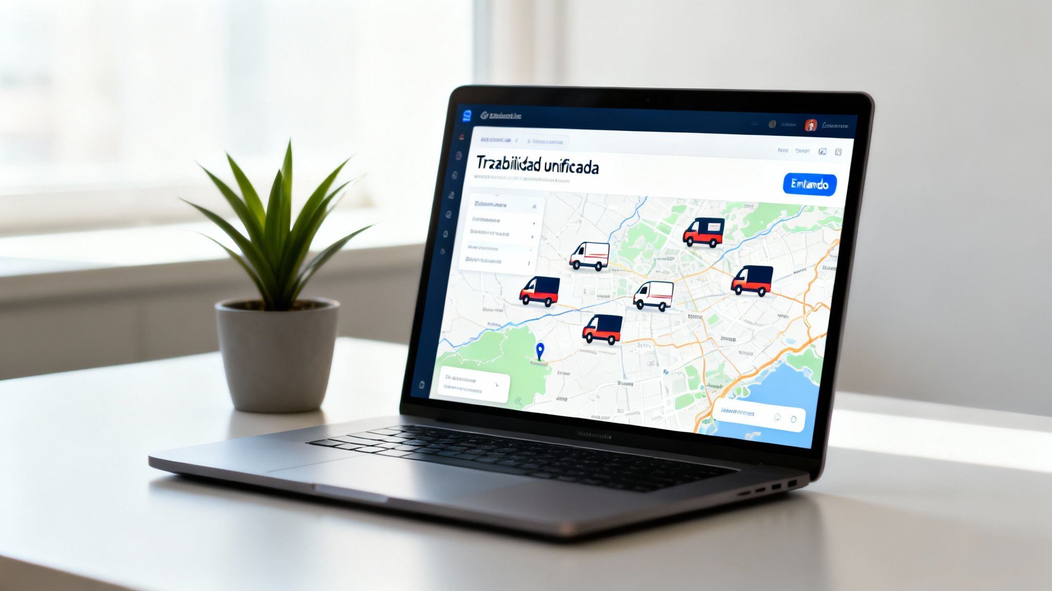 Un portátil muestra una plataforma de seguimiento de logística con vehículos de reparto en un mapa.