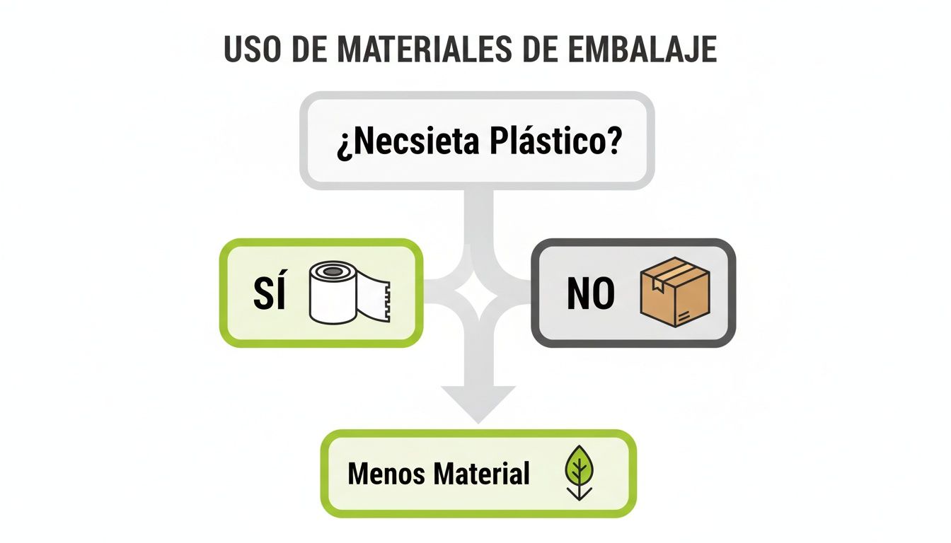 Diagrama de flujo sobre el uso de materiales de embalaje, preguntando si se necesita plástico, optando por cartón para reducir el material.