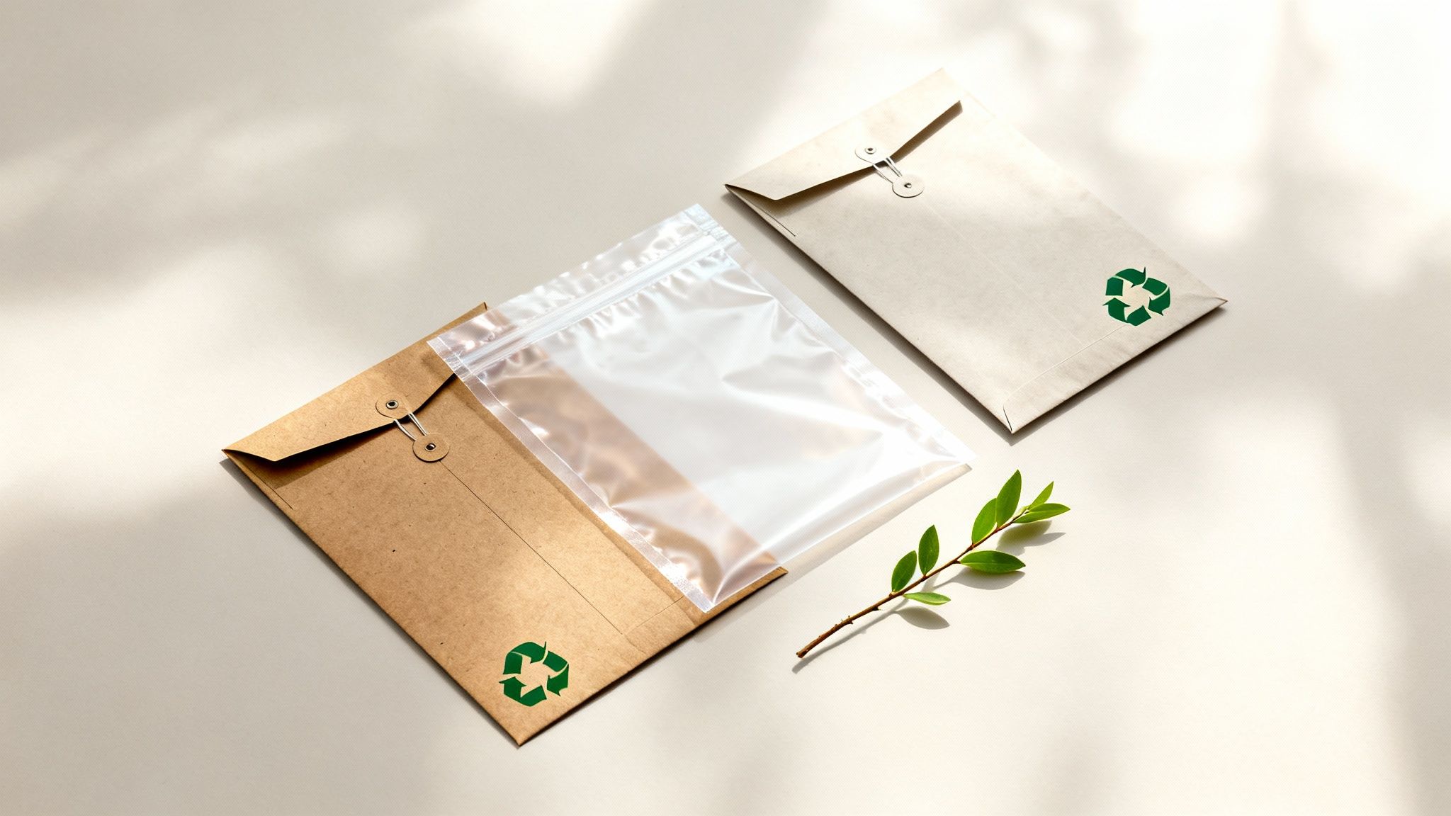 Sobres de papel marrón con símbolo de reciclaje y bolsa de plástico, junto a una rama verde, en un fondo claro.