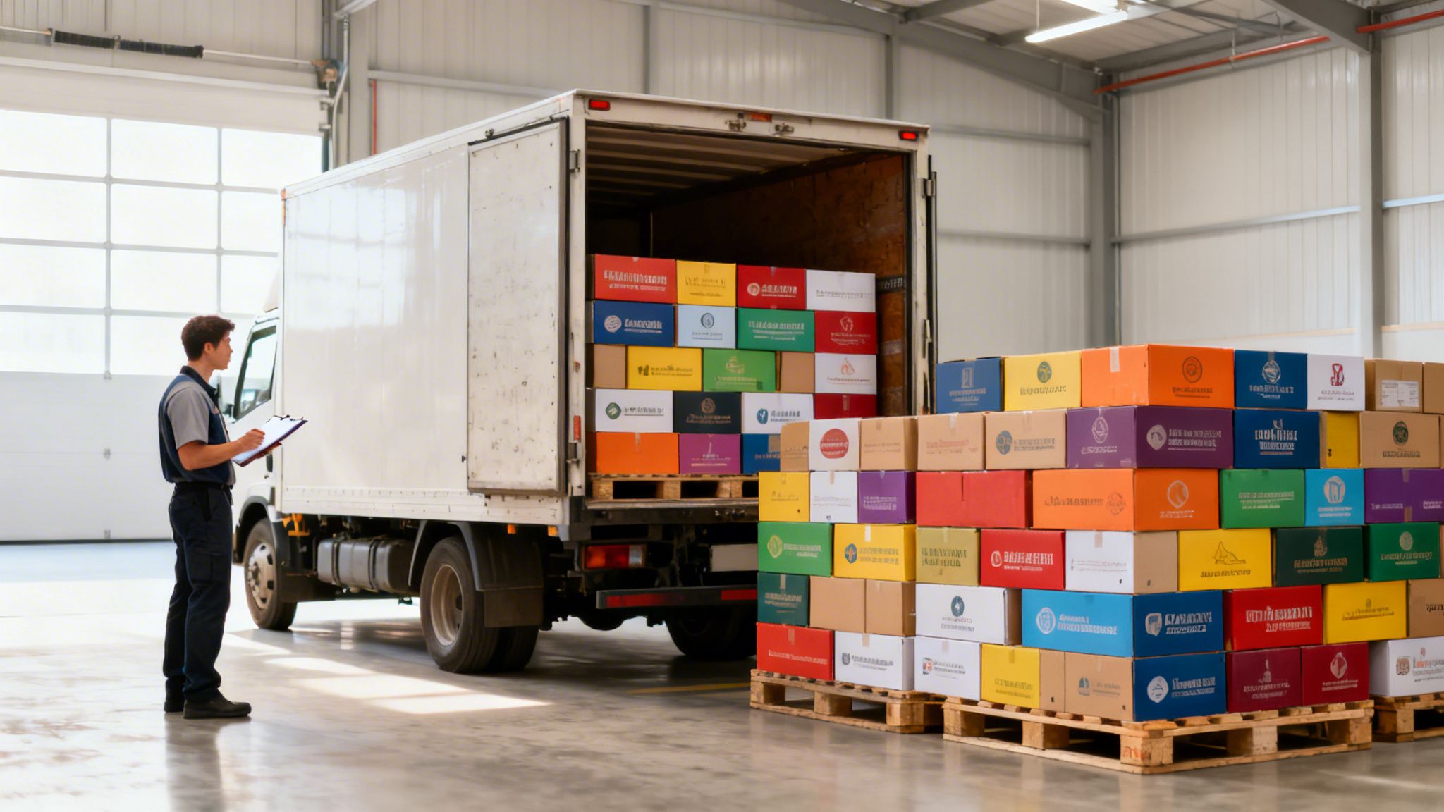 Hombre en uniforme inspeccionando cajas de colores en un camión de reparto en almacén.