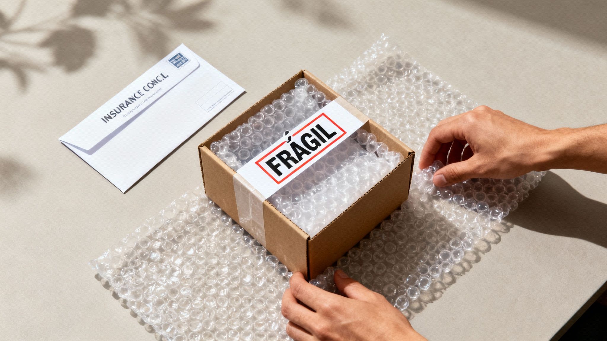 Manos empaquetando una caja frágil con plástico de burbujas junto a un sobre de seguro.