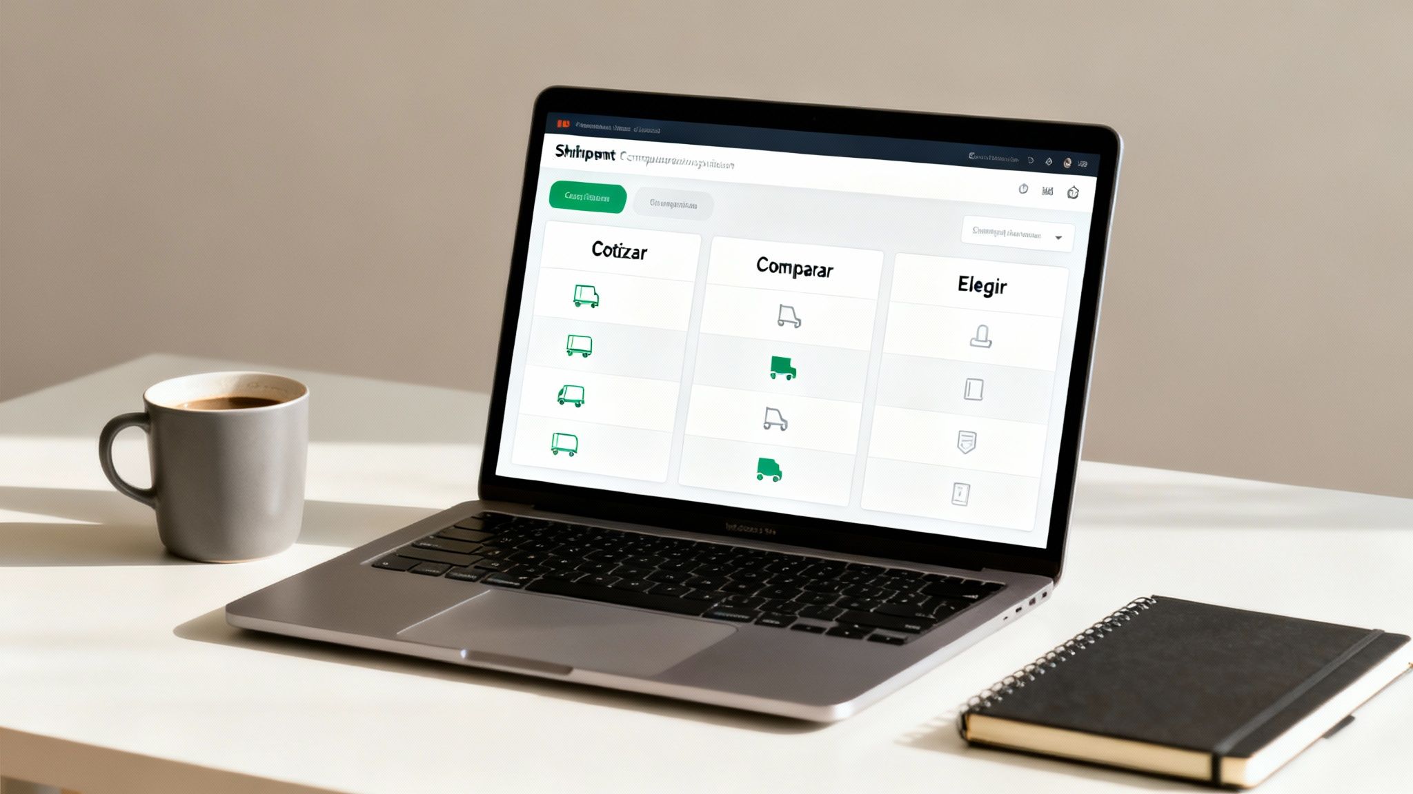 Escritorio minimalista con laptop mostrando una plataforma de paquetería y logística, junto a una taza de café.