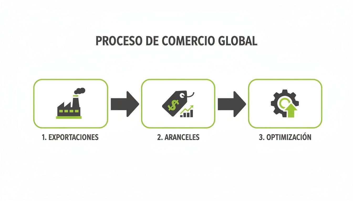 Diagrama de flujo que ilustra el proceso de comercio global: exportaciones, aranceles y optimización de las operaciones.