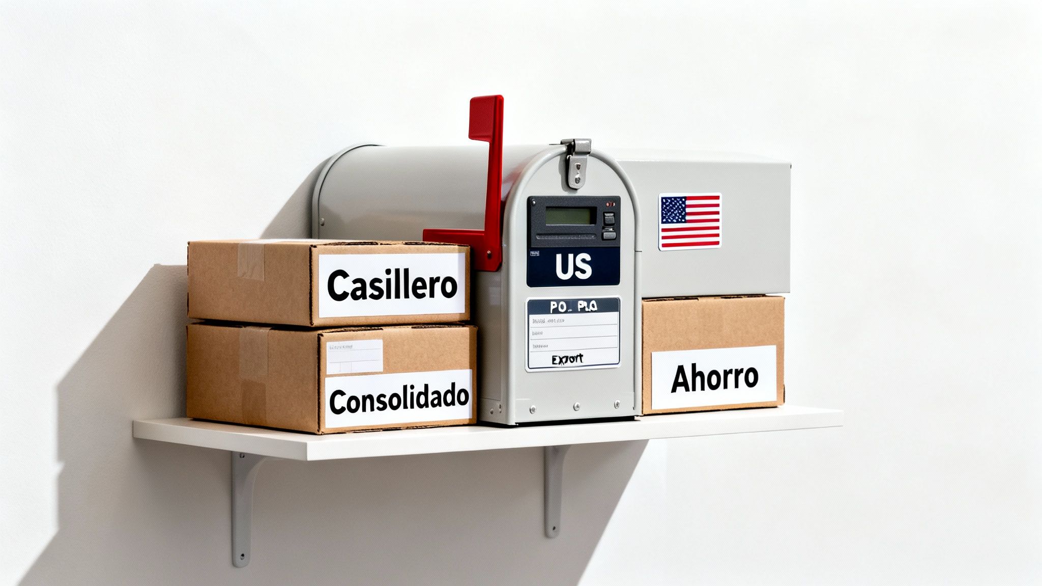 Buzón de correos de EE. UU. con cajas de paquetería etiquetadas 'Casillero', 'Consolidado' y 'Ahorro' en un estante.