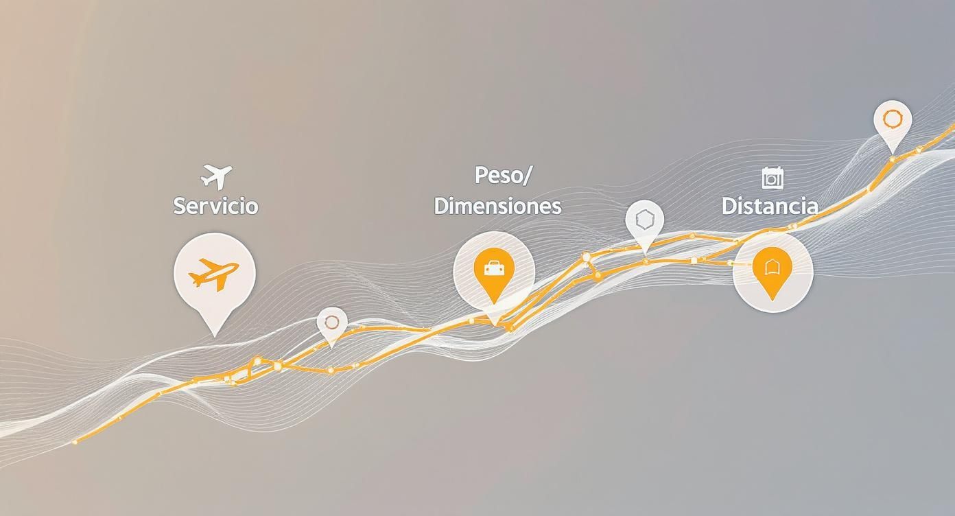 Infografía de servicio de envío mostrando peso, dimensiones y distancia con iconos de ubicación y rutas de transporte