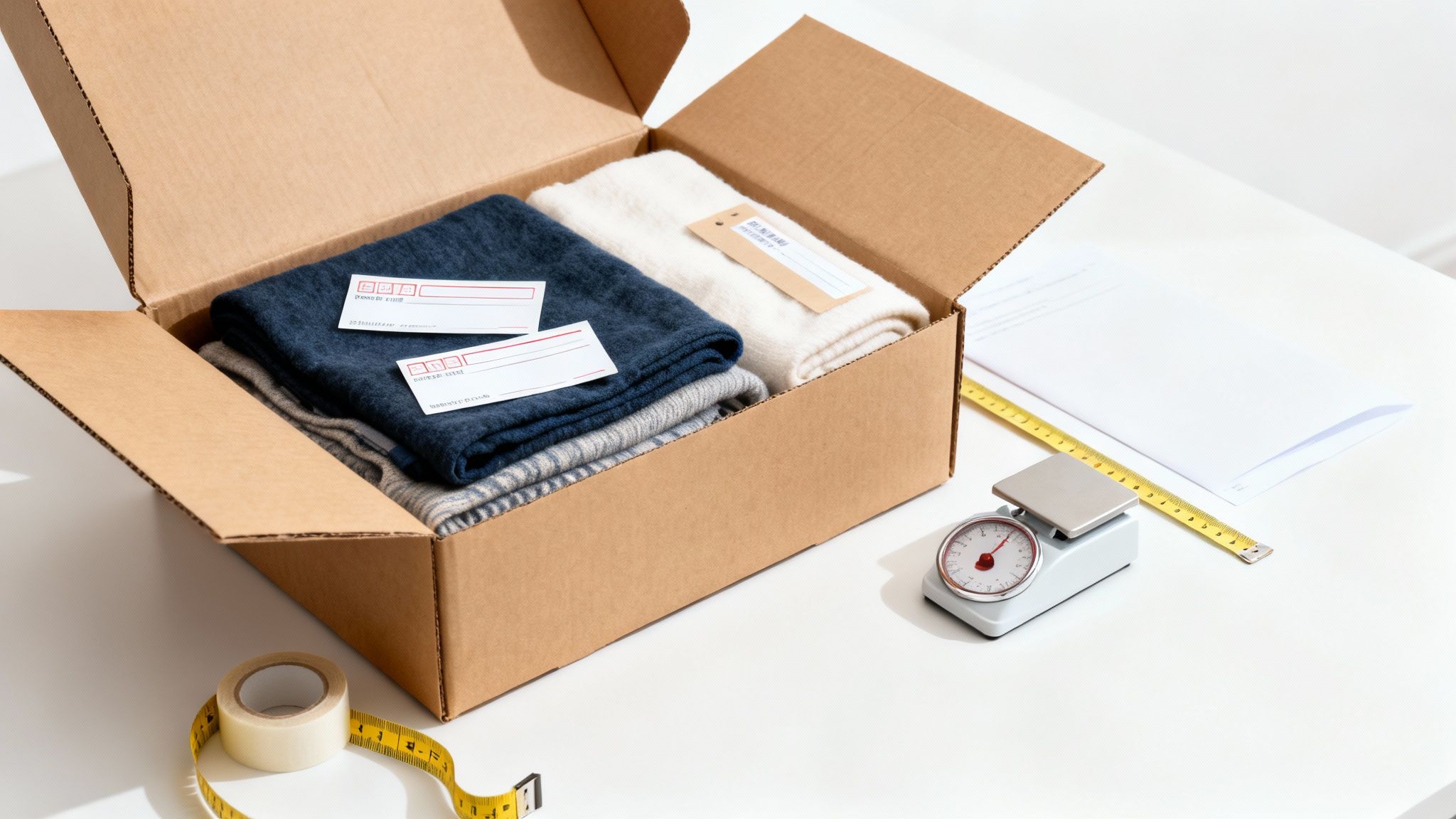 Caja de cartón abierta con ropa doblada, etiquetas, cinta adhesiva, báscula y documentos en una mesa blanca, preparando un envío.