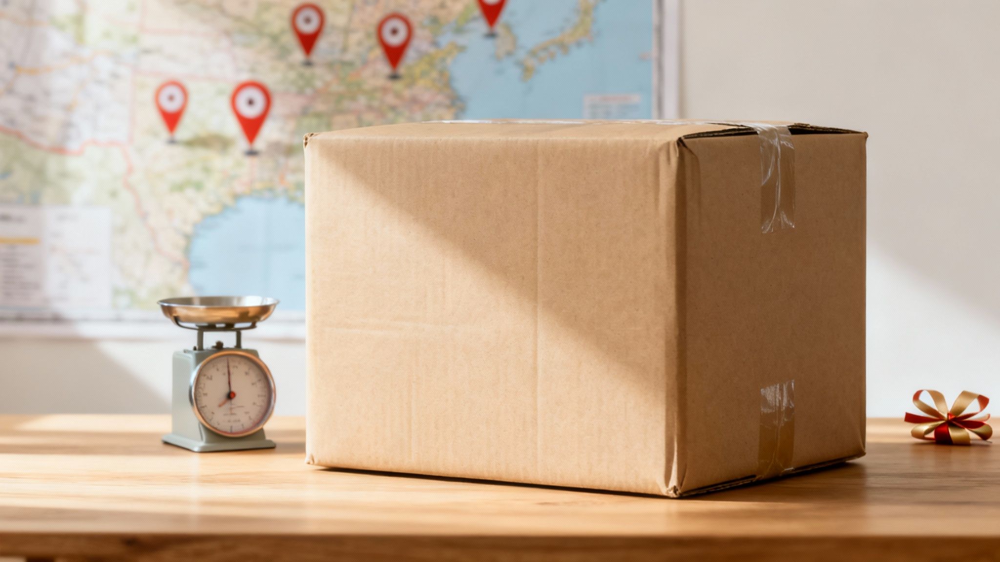 Una caja de cartón sellada, una balanza y un mapa con pines de ubicación sobre una mesa de madera. Envío de paquetes.