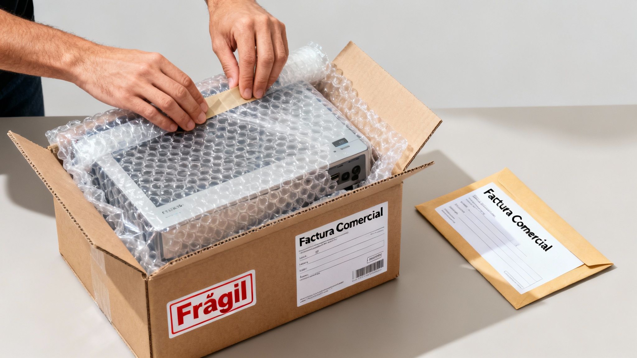 Manos empaquetando un dispositivo electrónico en una caja con plástico de burbujas, junto a una factura comercial.