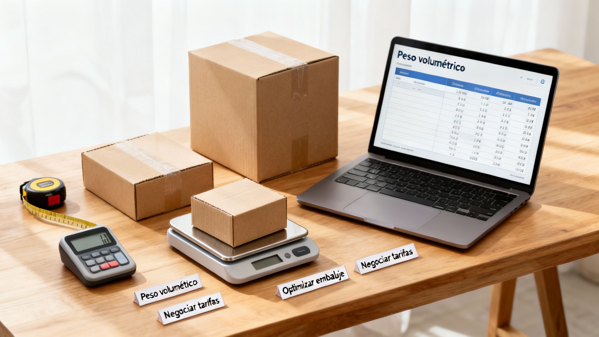 Preparación de paquetes para envío con báscula, cinta métrica y laptop mostrando peso volumétrico.