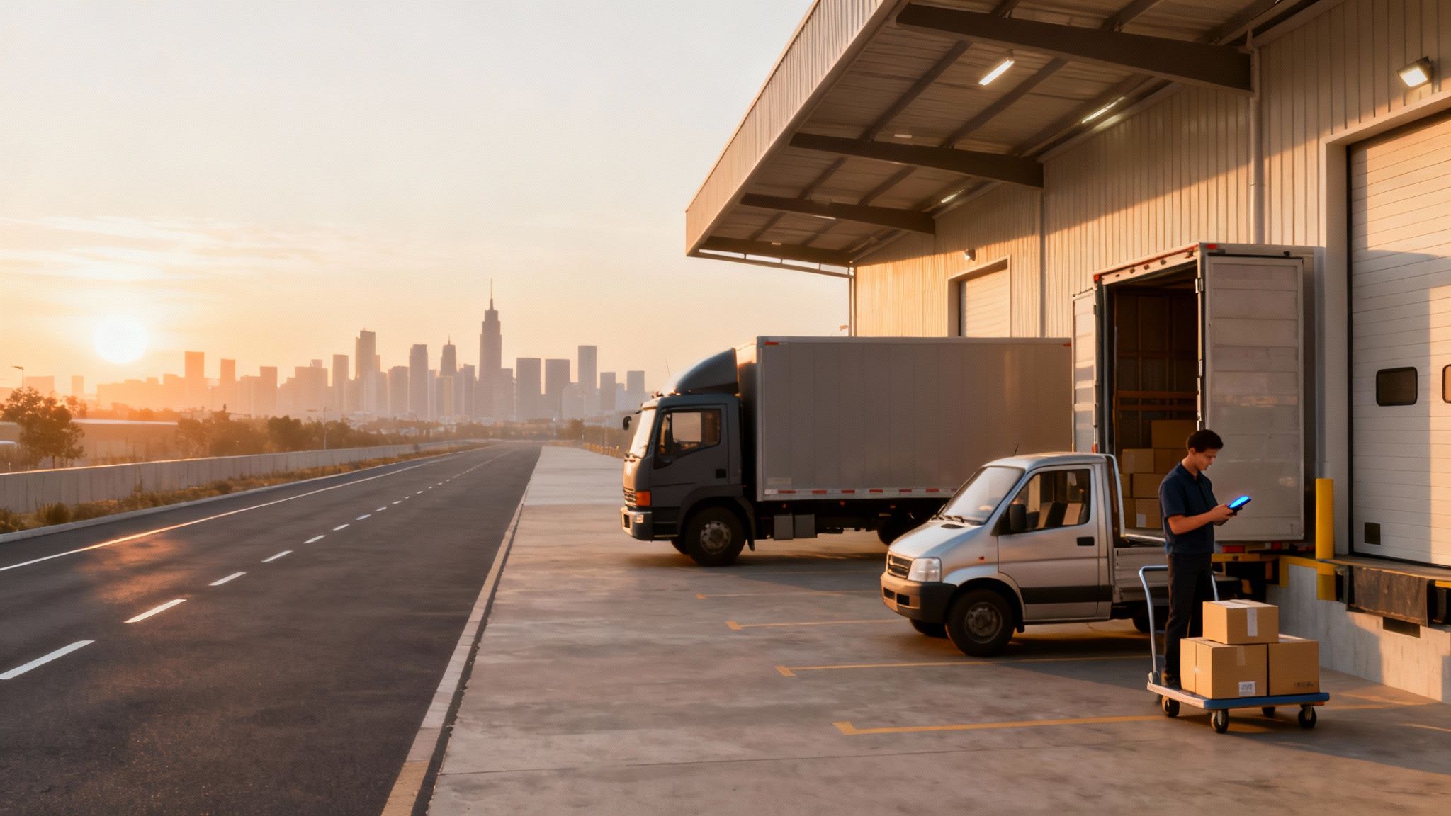 Un repartidor revisa un paquete en un muelle de carga con camiones y la ciudad al atardecer, representando logística empresarial.