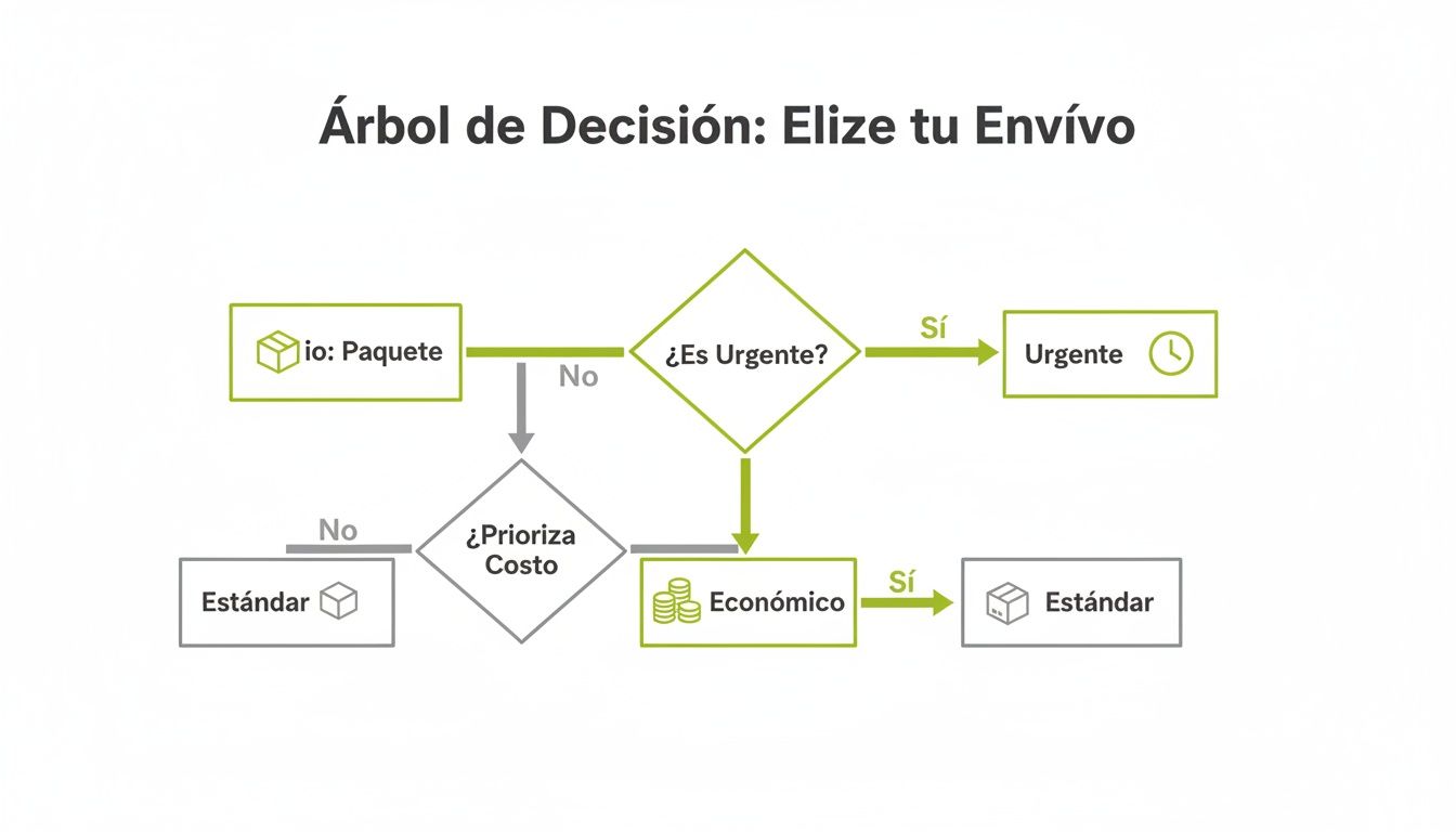 Árbol de decisión para seleccionar el envío de un paquete, priorizando urgencia y costo.