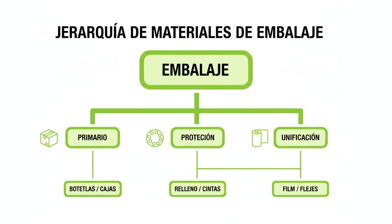 Diagrama jerárquico de materiales de embalaje: primario, protección, unificación y sus ejemplos específicos.