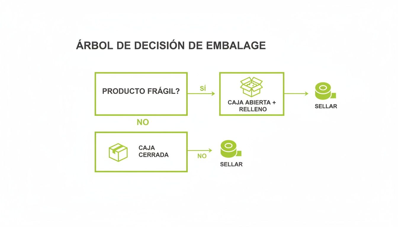 Diagrama de flujo del árbol de decisión para el embalaje de productos frágiles y no frágiles.