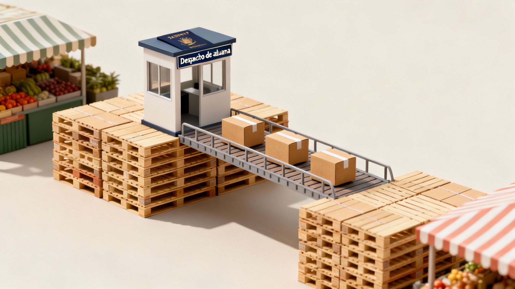 Miniatura de un despacho de aduana con cajas en una cinta transportadora entre puestos de mercado.