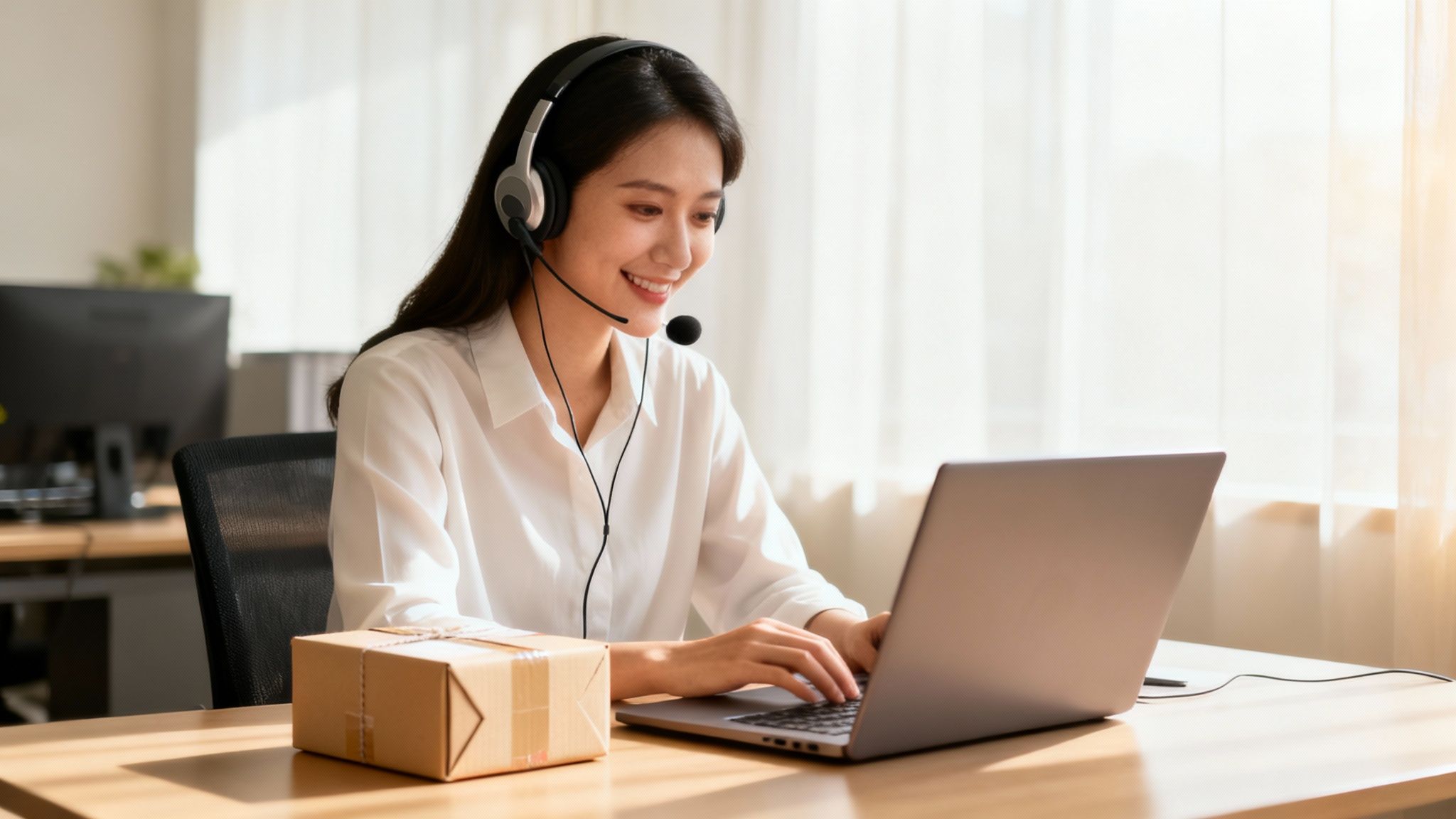 Mujer sonriente con auriculares trabajando en su laptop junto a un paquete, gestionando envíos.