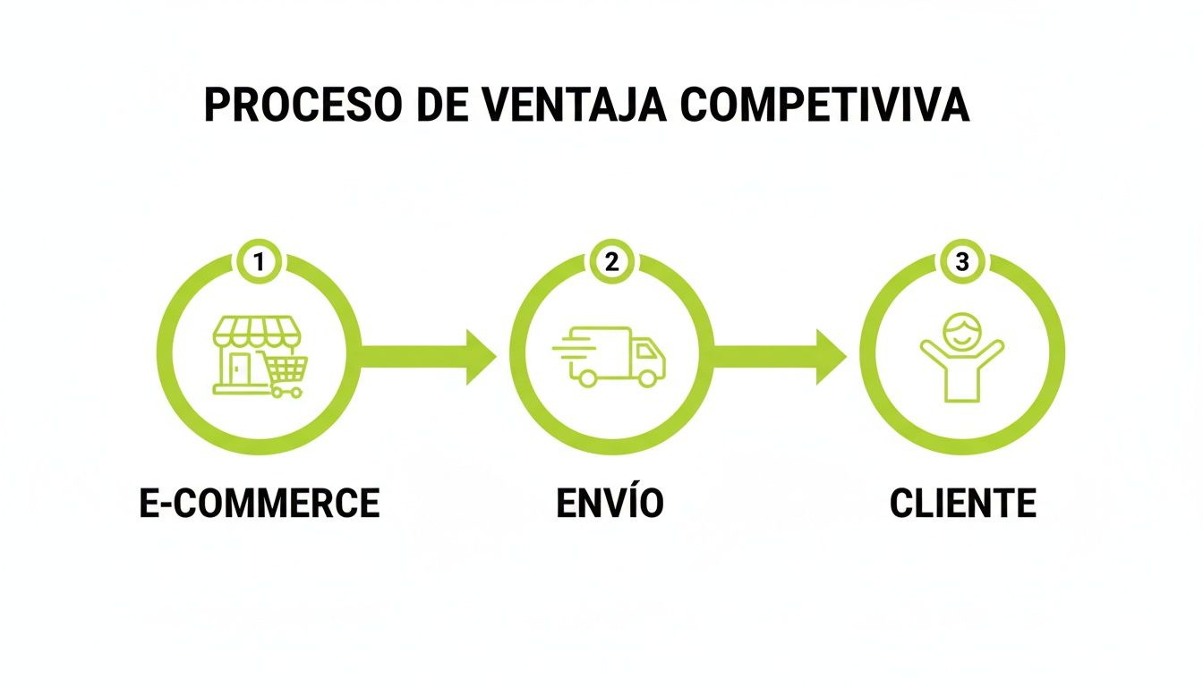 Diagrama del proceso de ventaja competitiva: E-commerce, envío y cliente satisfecho.