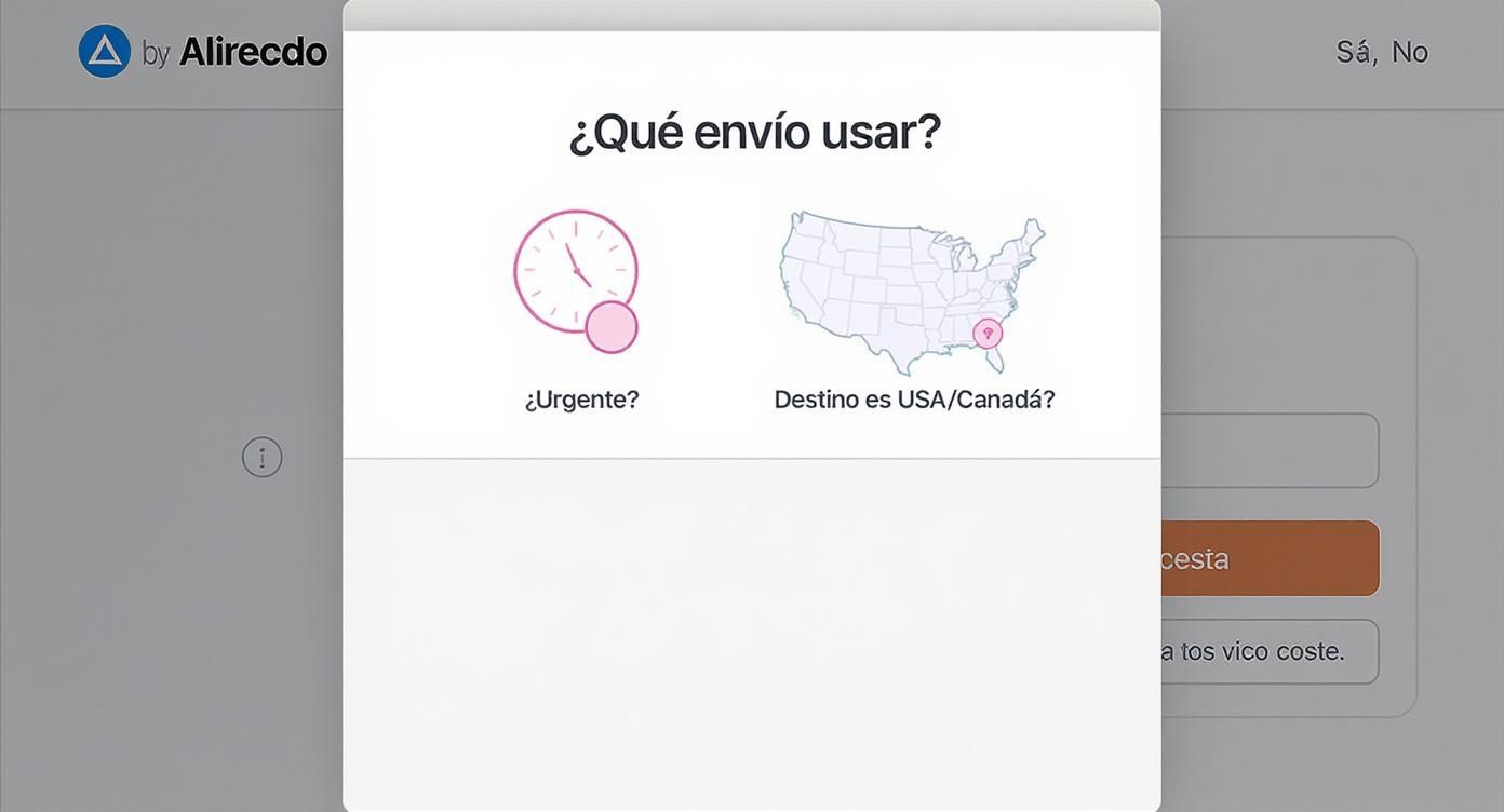 Ventana emergente preguntando qué envío usar, con opciones de envío urgente o destino USA/Canadá.