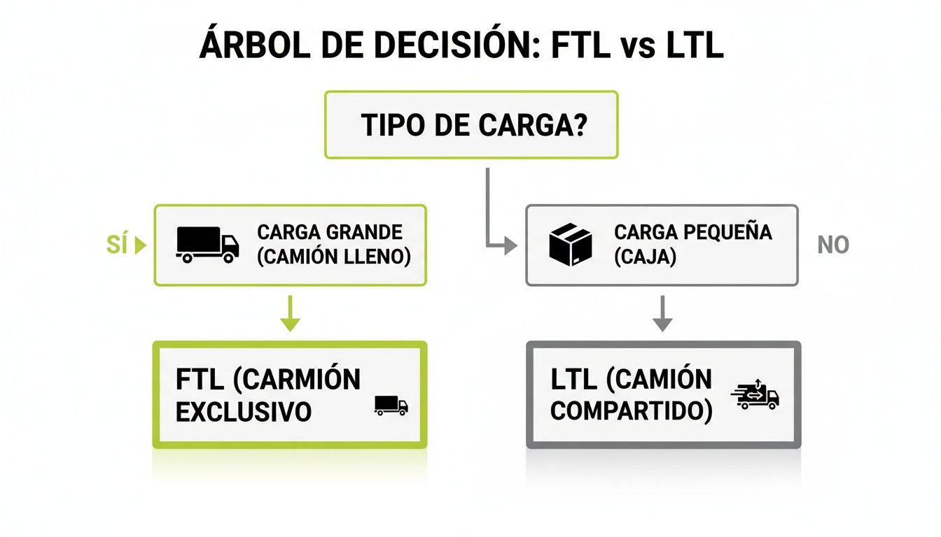 Árabol de decisión que guía cuándo elegir transporte FTL (carga grande) o LTL (carga pequeña) para la logística.