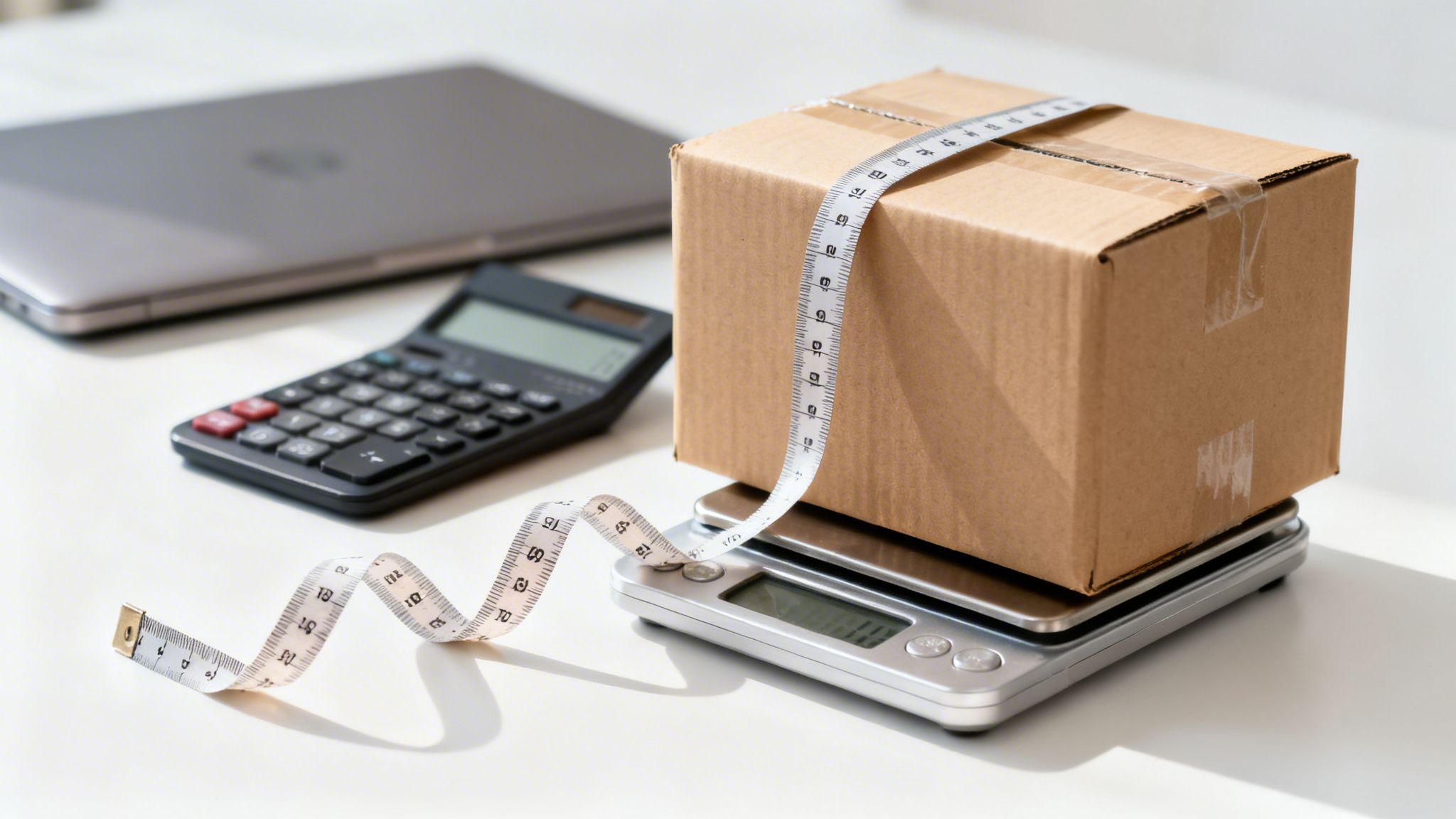 Caja de cartón en una báscula con cinta métrica, calculadora y laptop para calcular costos de envío.