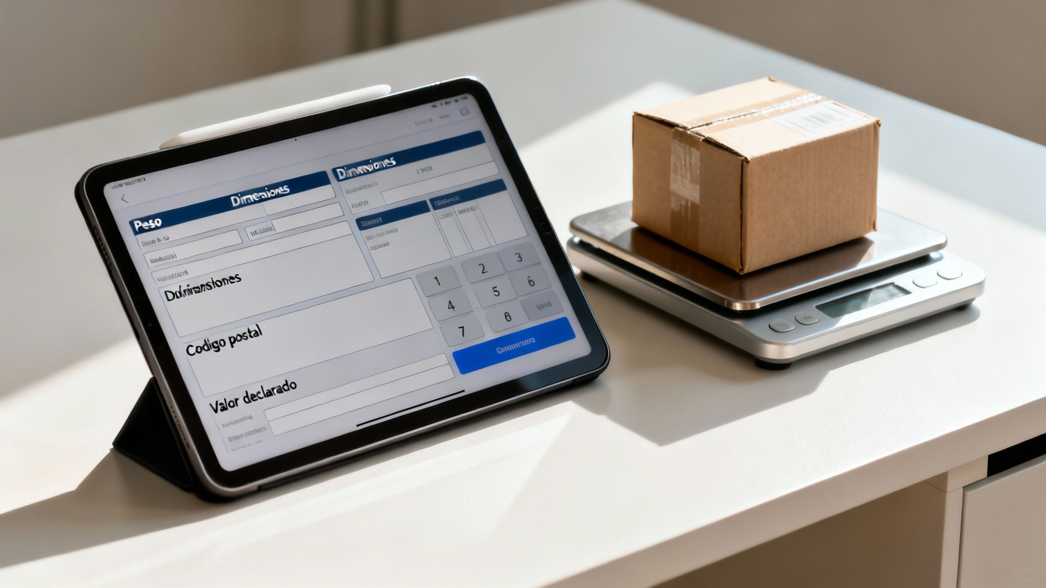 Persona cotizando un paquete express en una tablet, con una caja sobre una báscula digital para envío.