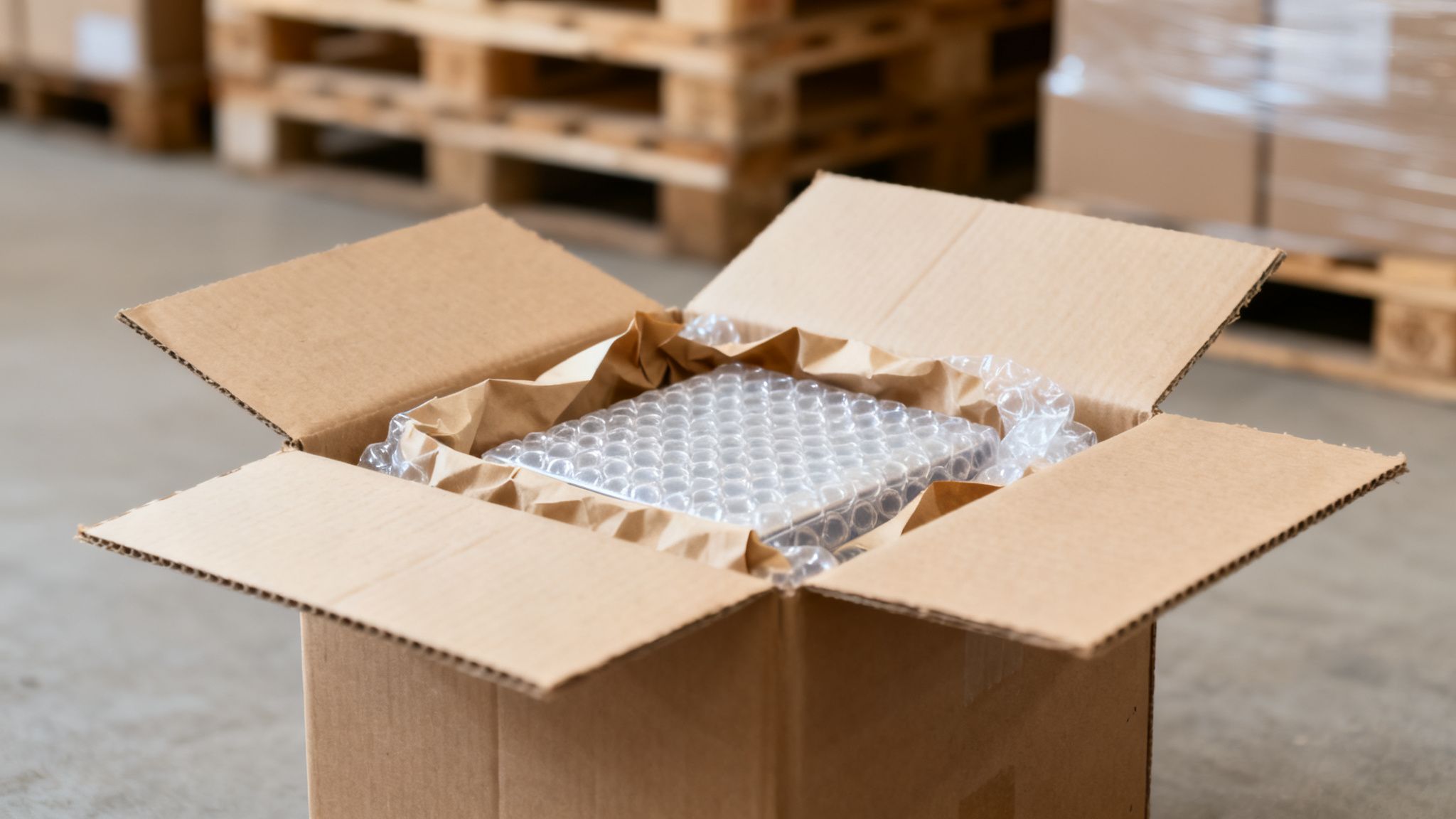 Caja de cartón abierta con un producto envuelto en plástico de burbujas y papel de embalaje en un almacén.