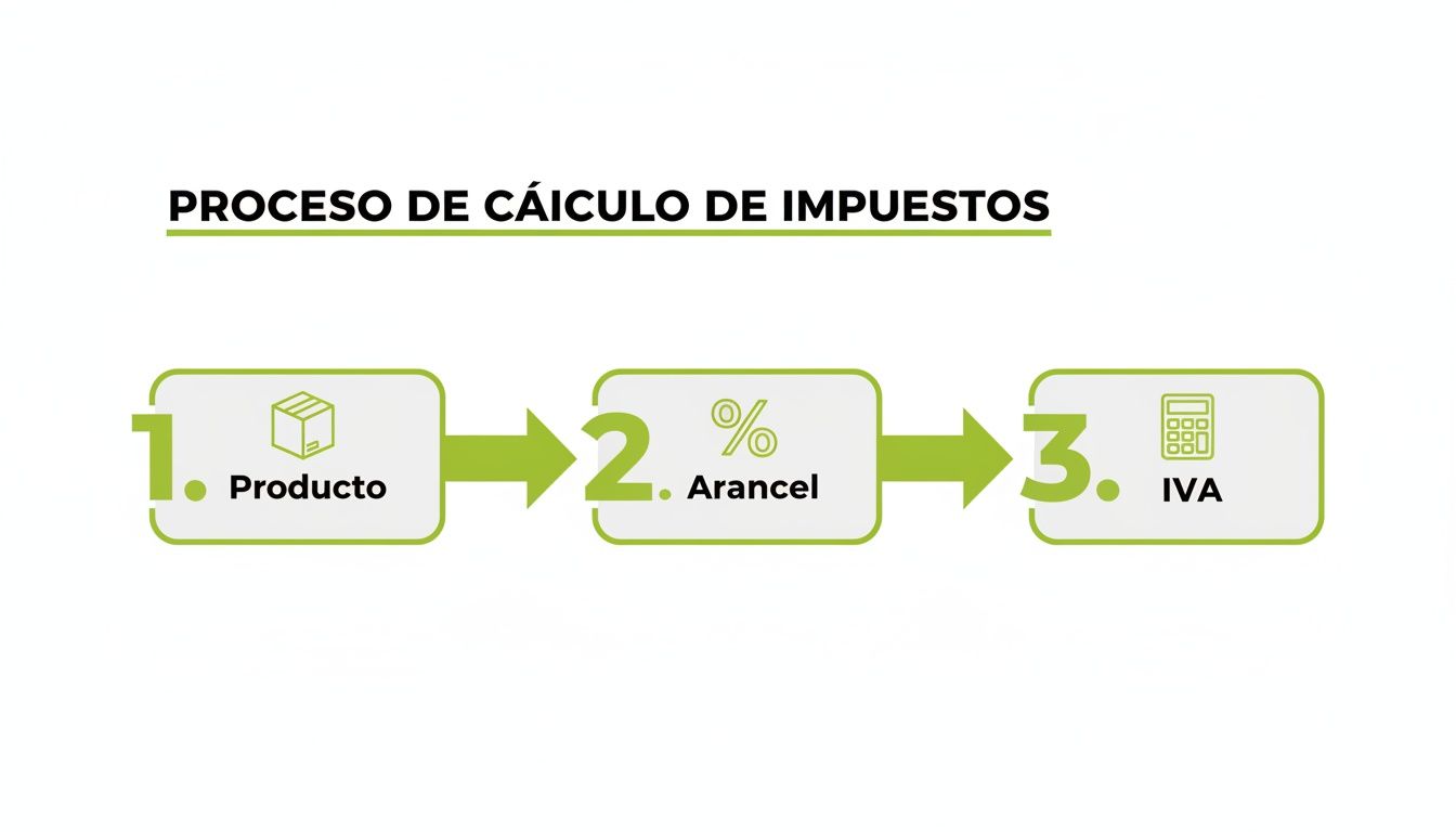Diagrama que ilustra el proceso de cálculo de impuestos con los pasos: Producto, Arancel e IVA.