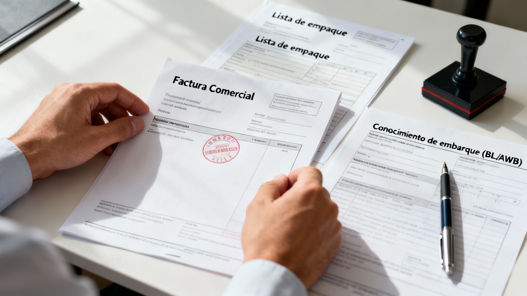 Manos de una persona revisando documentos de importación como factura comercial, lista de empaque y conocimiento de embarque.