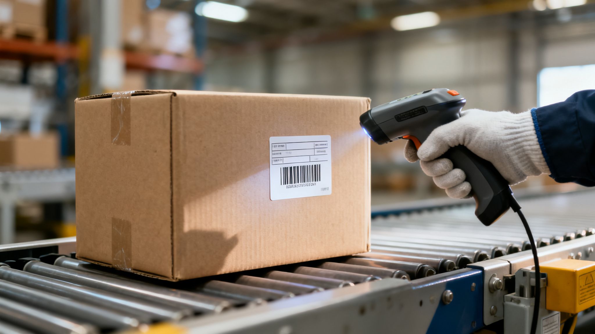 Una mano enguantada escanea una etiqueta de envío con código de barras en una caja de cartón en un almacén.