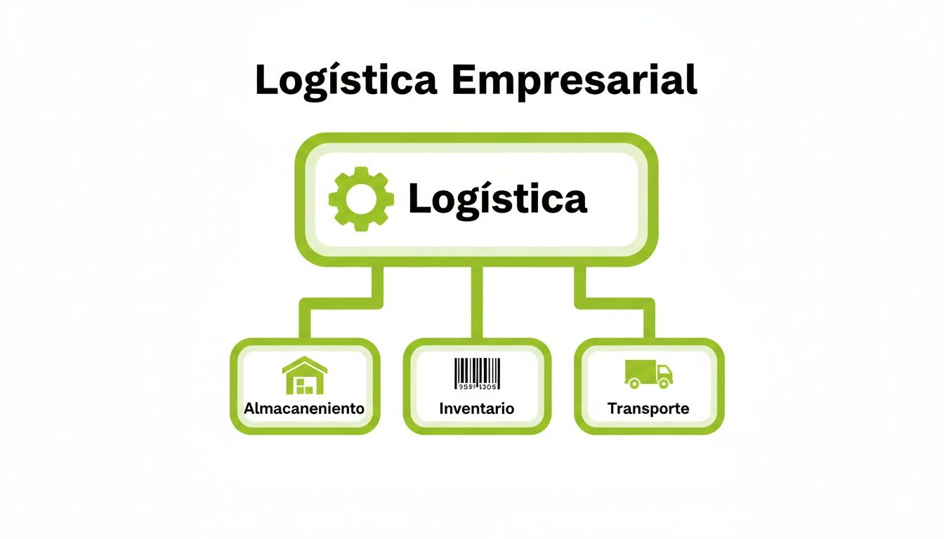 Diagrama de logística empresarial que ilustra sus componentes clave: almacenamiento, inventario y transporte.