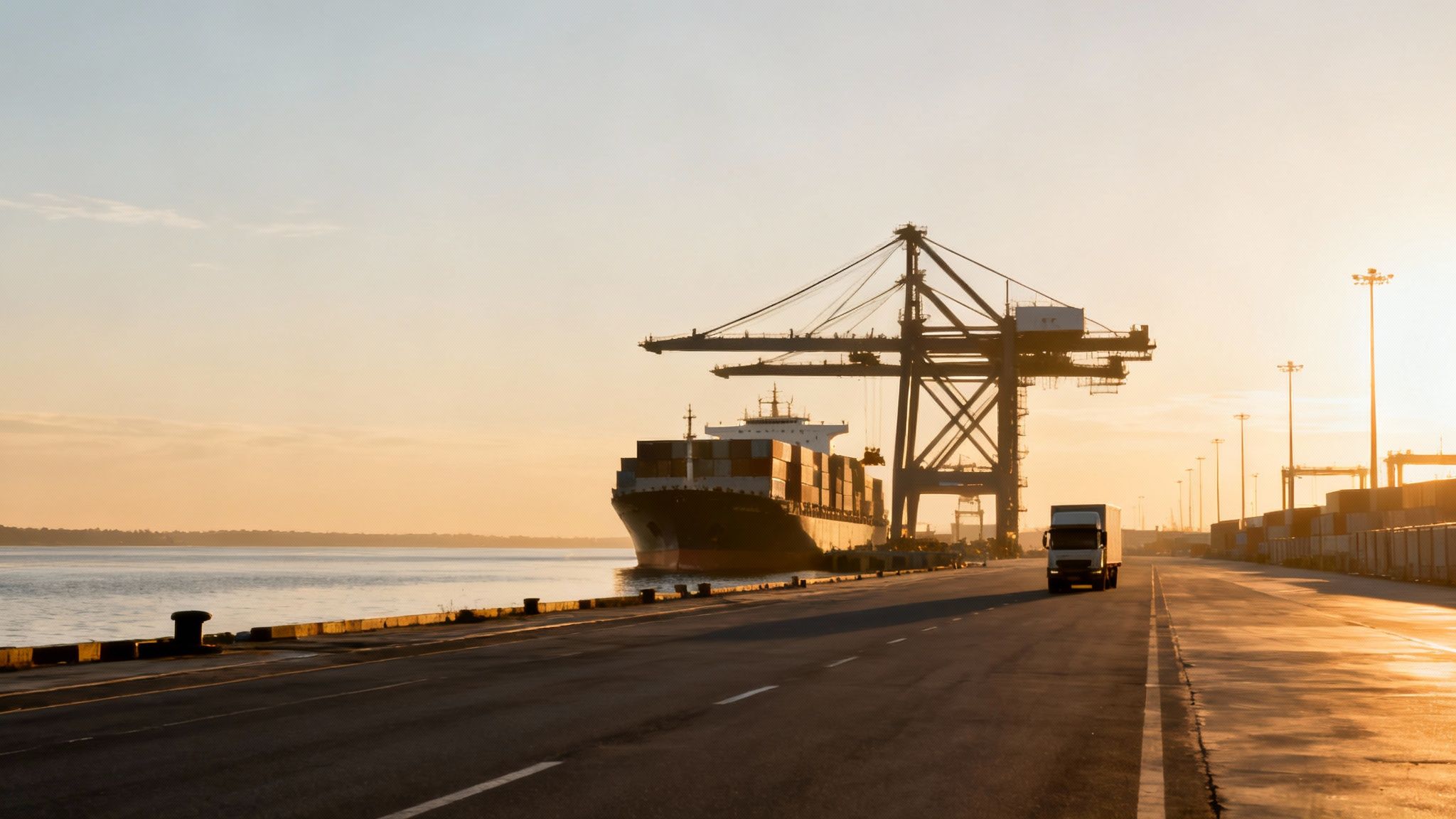 Barco portacontenedores en un puerto con grúas gigantes y un camión en la carretera, al amanecer o atardecer.