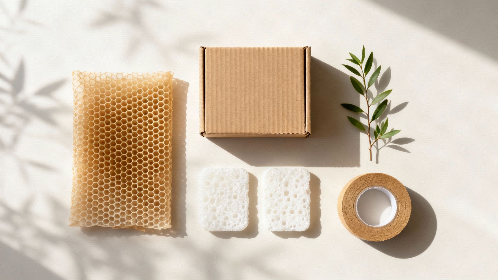 Materiales de embalaje sostenibles: caja de cartón, envoltura de panal, esponjas, cinta y rama verde, sobre fondo claro con sombras.