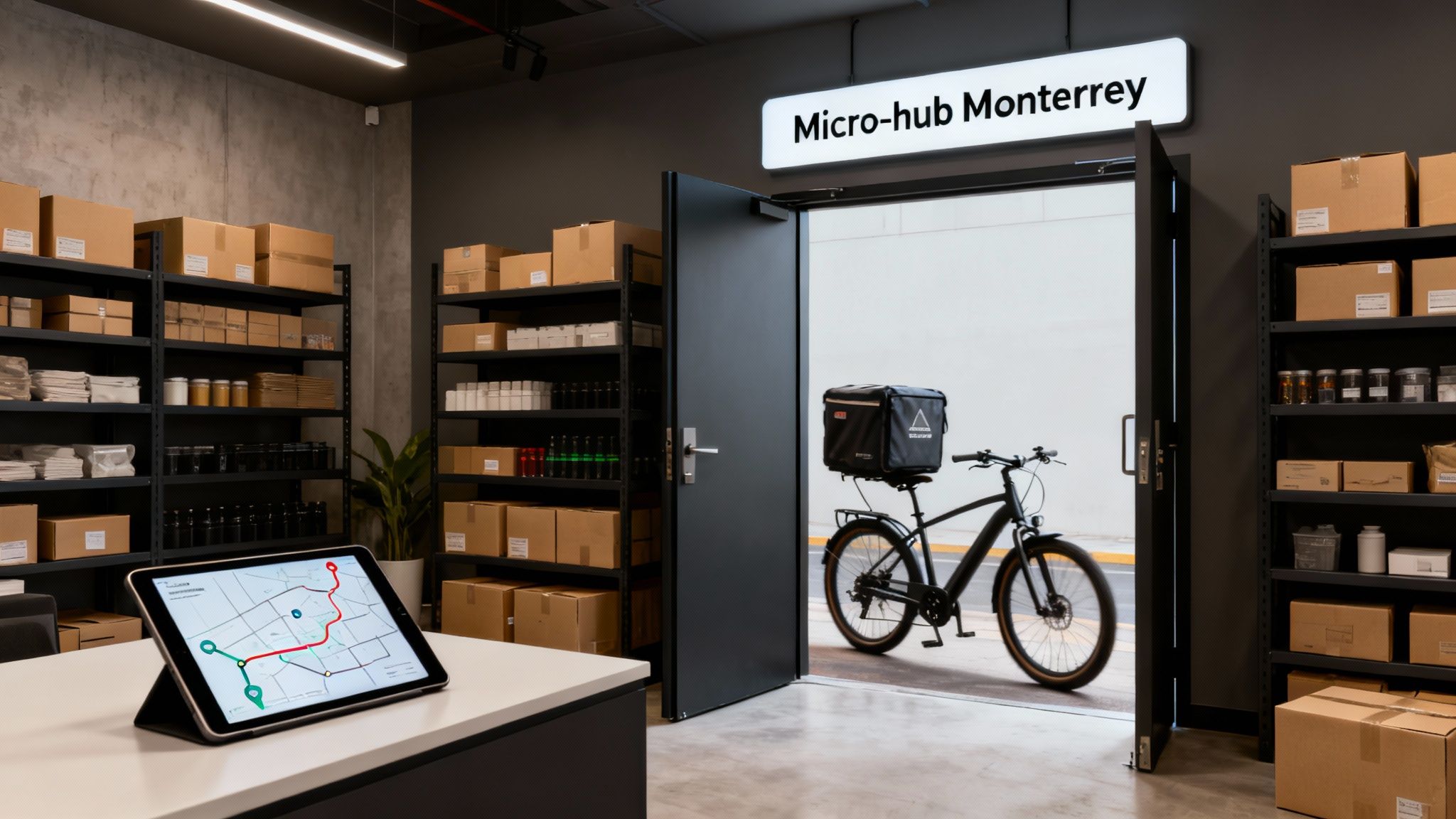 Interior de un micro-hub de logística con estantes llenos de paquetes, una tablet con mapa de ruta y una bicicleta de reparto.