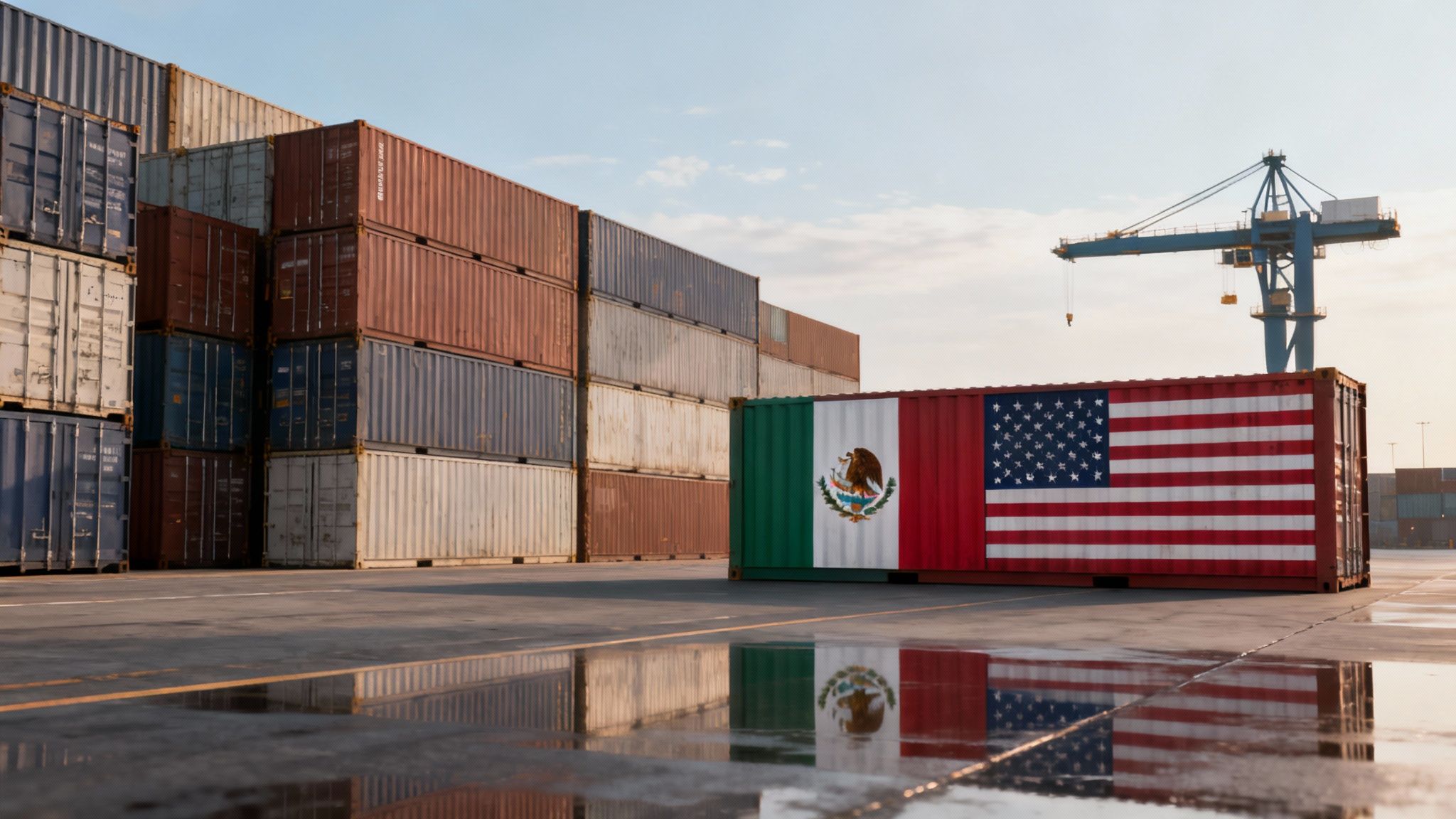 Contenedor de envío con banderas de México y Estados Unidos en un puerto industrial.