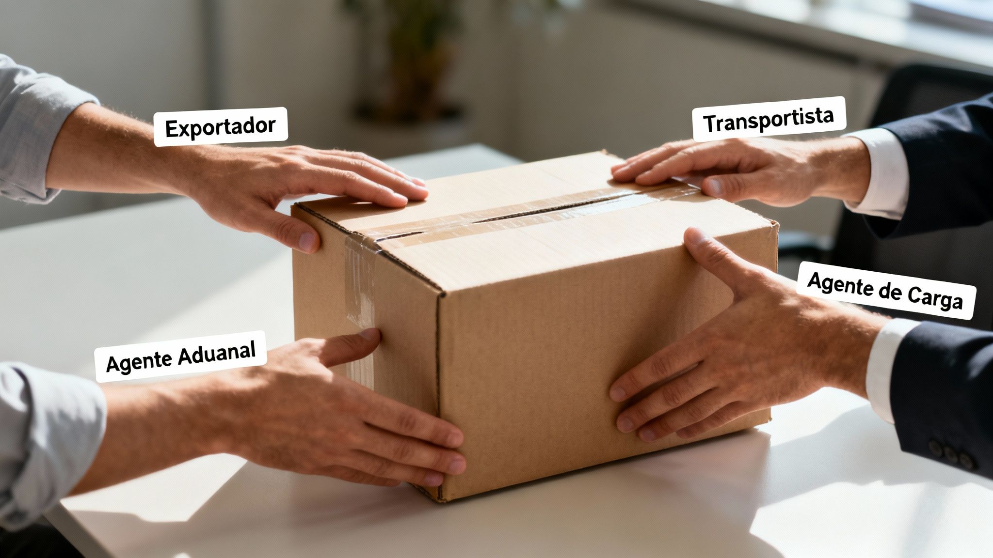 Manos de exportador, agente aduanal, transportista y agente de carga transfiriendo una caja, ilustrando el proceso de exportación.