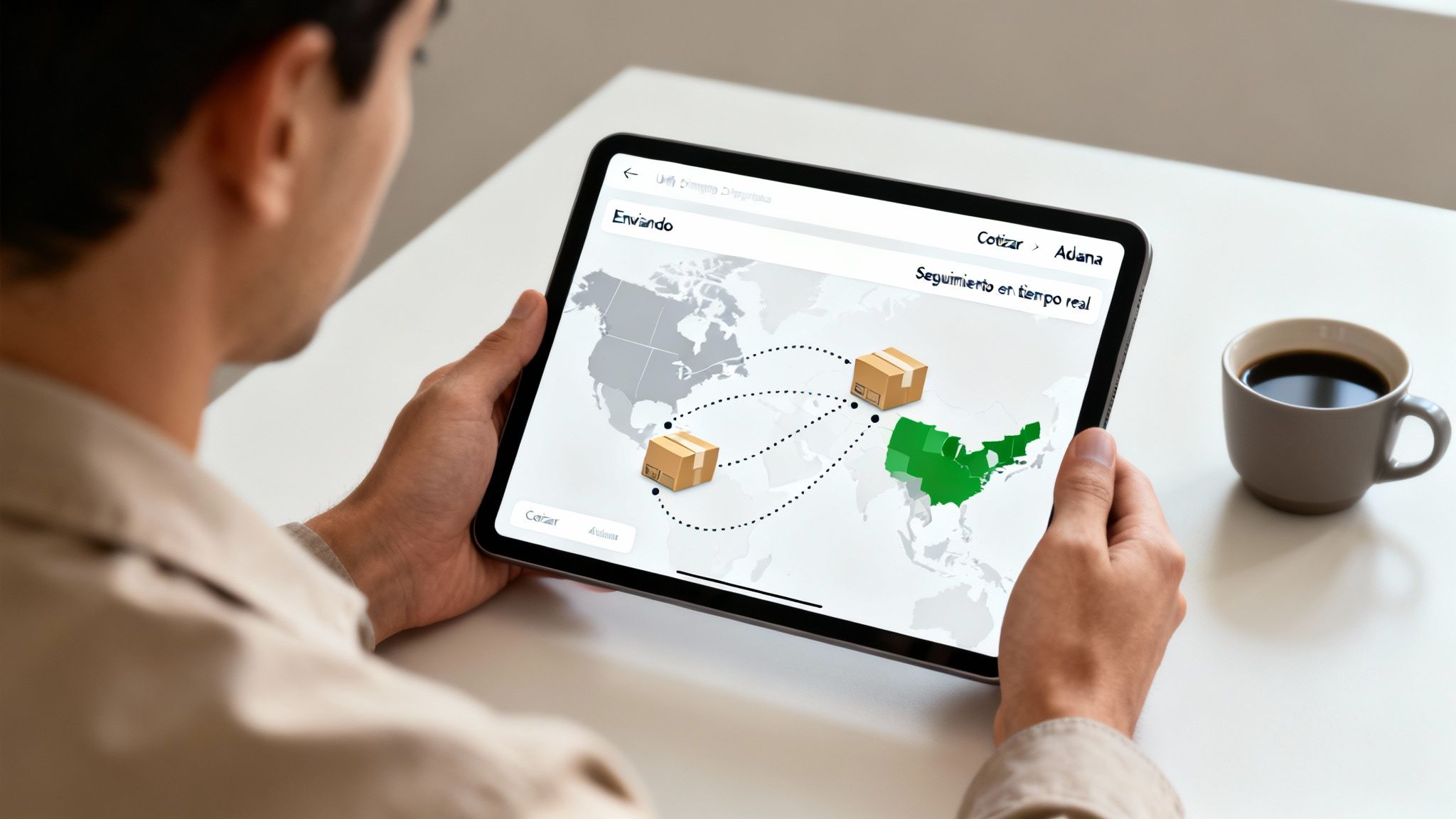 Hombre viendo una tablet con un mapa de Norteamérica, rastreando envíos de paquetería entre Estados Unidos y México.