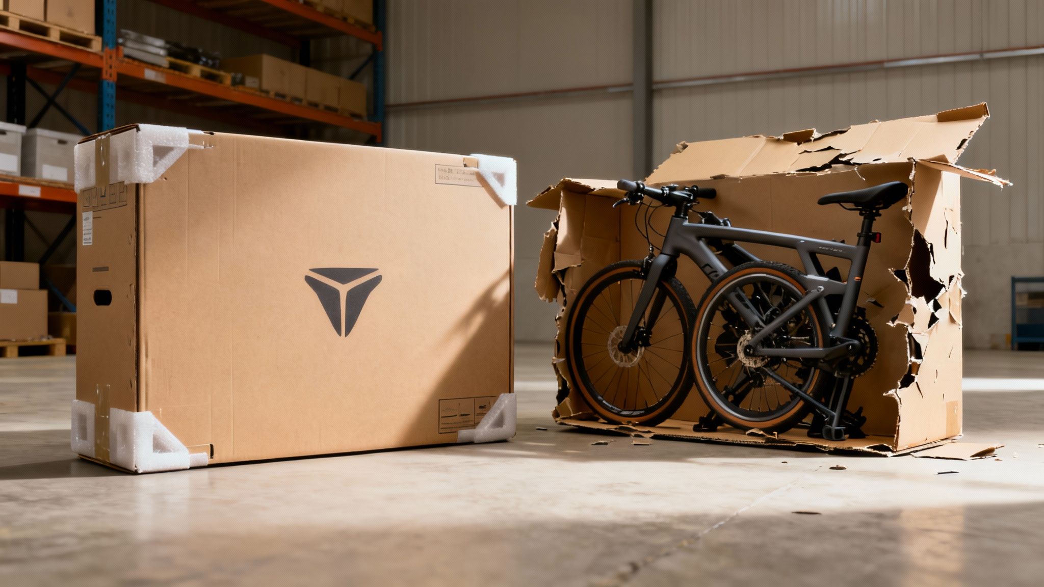 Dos cajas de cartón en un almacén, una sellada con logo y otra abierta mostrando una bicicleta plegable.