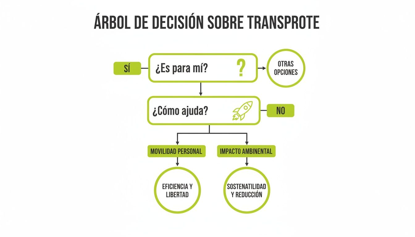 Diagrama de flujo sobre el transporte, explorando si es adecuado y cómo ayuda en movilidad personal y impacto ambiental.