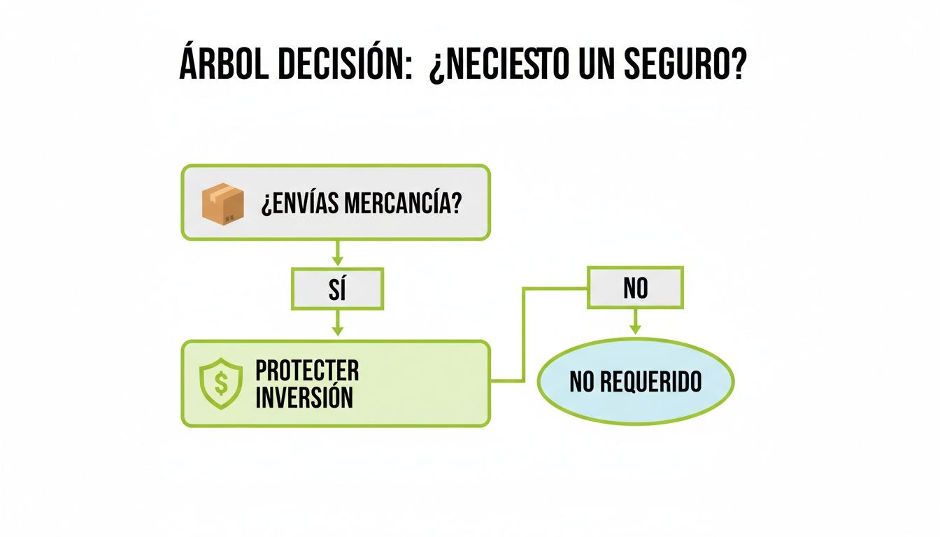 Diagrama de flujo preguntando si envías mercancía para decidir si necesitas seguro y proteger tu inversión.