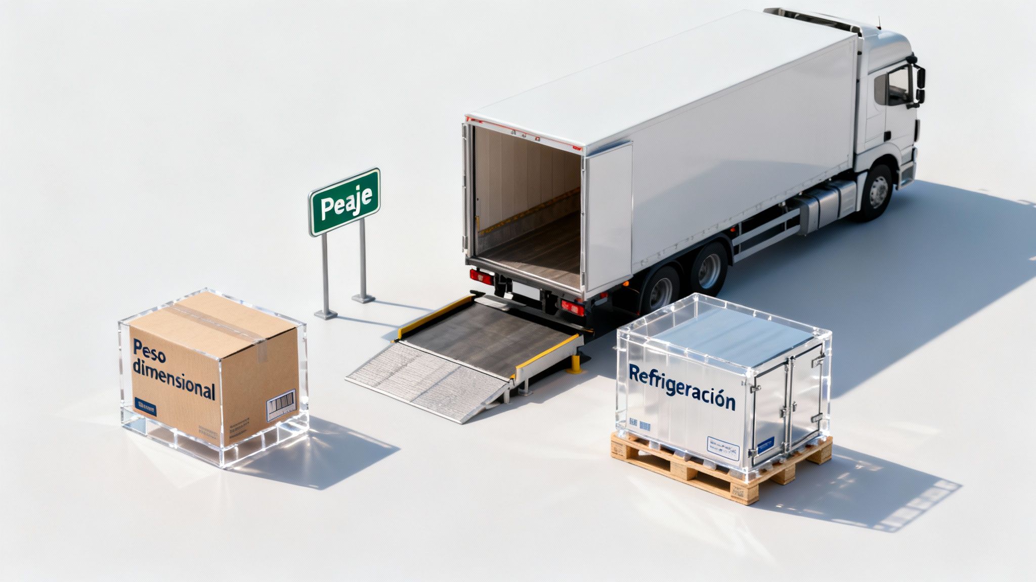 Camión de carga blanco con rampa, señal de peaje, caja con peso dimensional y contenedor refrigerado, ilustrando el transporte de mercancías.