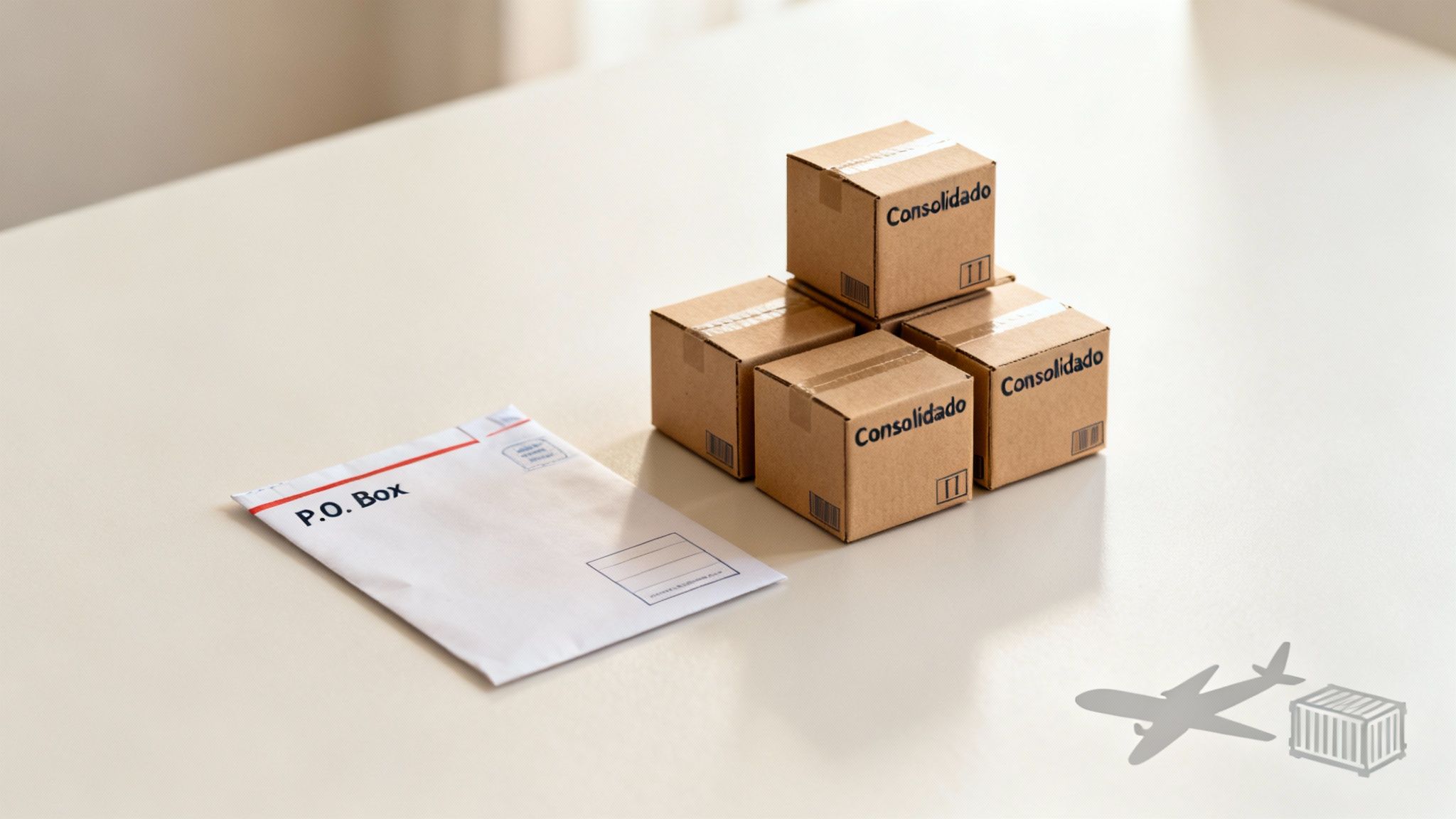 Sobre P.O. Box junto a cajas de cartón "Consolidado" y símbolos de avión/contenedor.