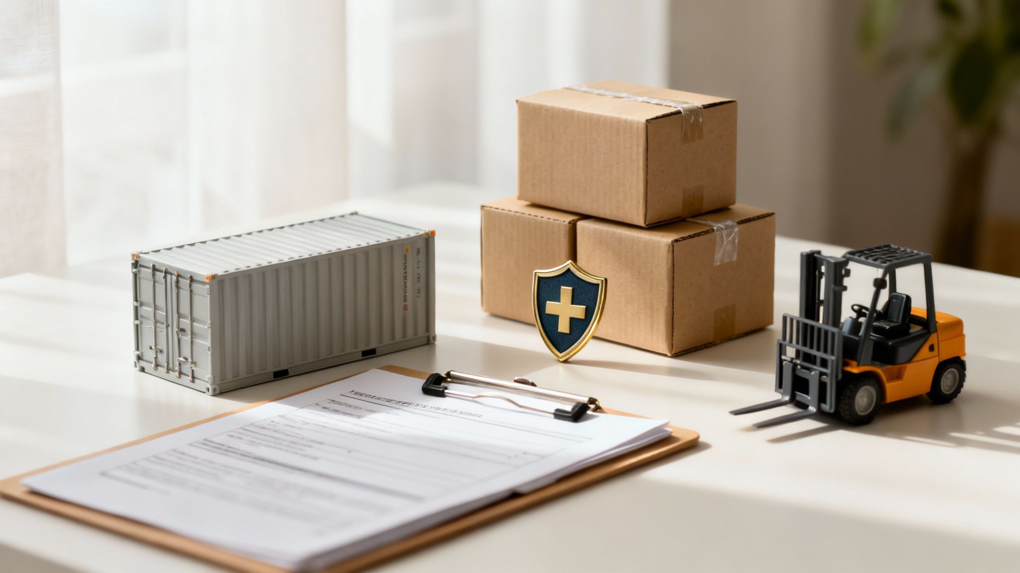 Representación de logística de carga y seguro con un contenedor, cajas, un montacargas y un escudo.